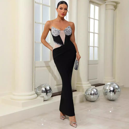 Fashionable sexy V-neck diamond chest cup mesh backless bandage dress high elastic evening dress - CIANARA