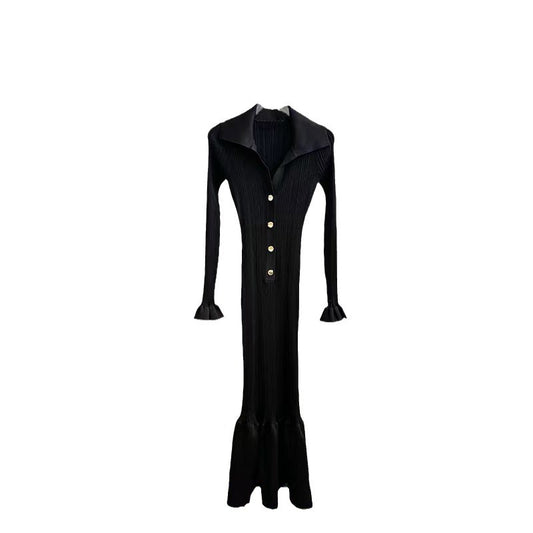 Elegant and fashionable black slim-fitting knitted fishtail long dress