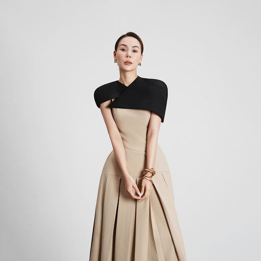 French Elegance Royal Style Long Dress Shoulder Cape Sleeveless Design Waist-Cinching Irregular Hem Women's Dress - CIANARA