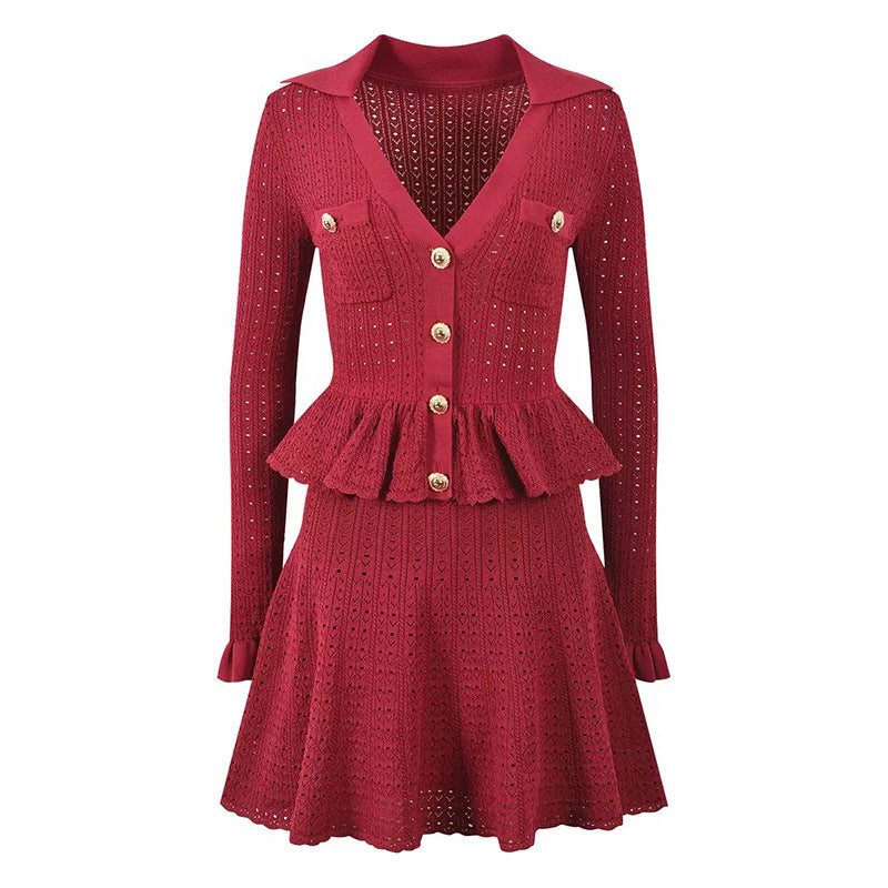 Elegant Wine Red Hollow Out Two-Piece Dress for Women