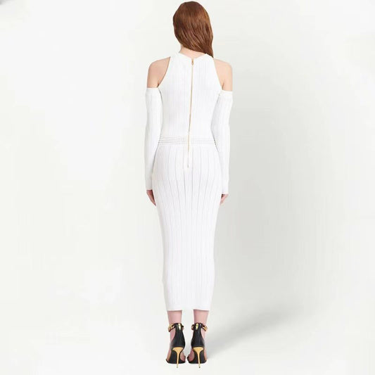 Spring And Autumn Irregular Hollow Out Sexy Round Neck Knitted Dress Knee Length Dress