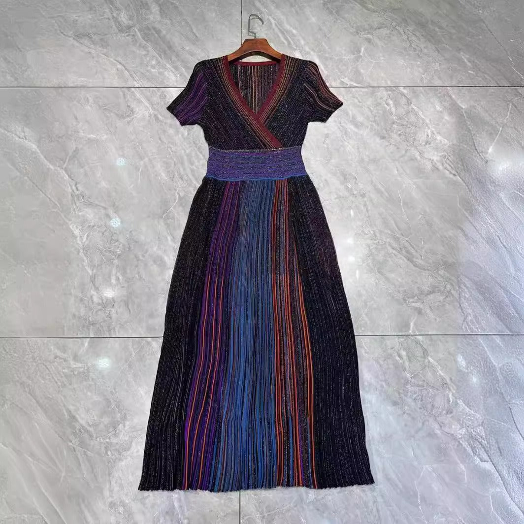 Nanyou Summer Gradient Color Striped Long Skirt Temperament Commuting Pleated Skirt Waist Knitted Elastic Dress