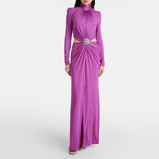 Waist hollow diamond inlaid elastic long dress