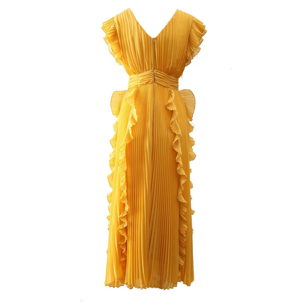 Women's V-neck Qiaoqi pleated wood ear patchwork yellow banquet dress long skirt