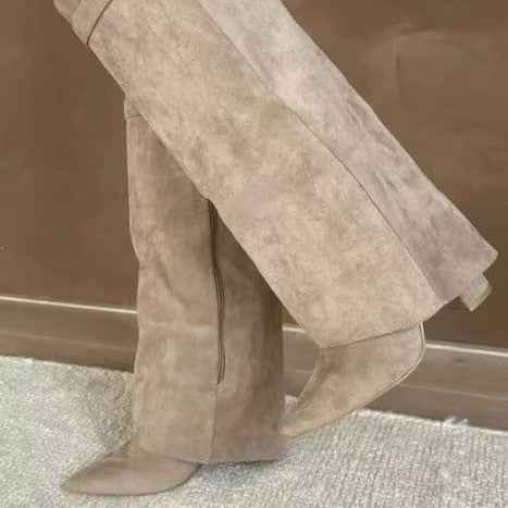 Boots with pointed toes large tube circumference straight tube metal buckle medium length tube thick heel women's boots