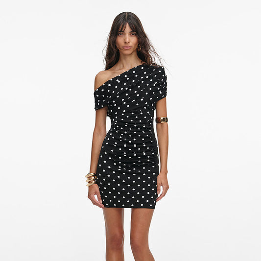 Asymmetric off shoulder pleated waist dress