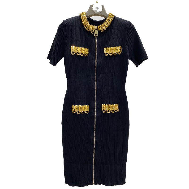 Golden nail bead sequin chain short sleeved dress for women with slim fit and goddess style
