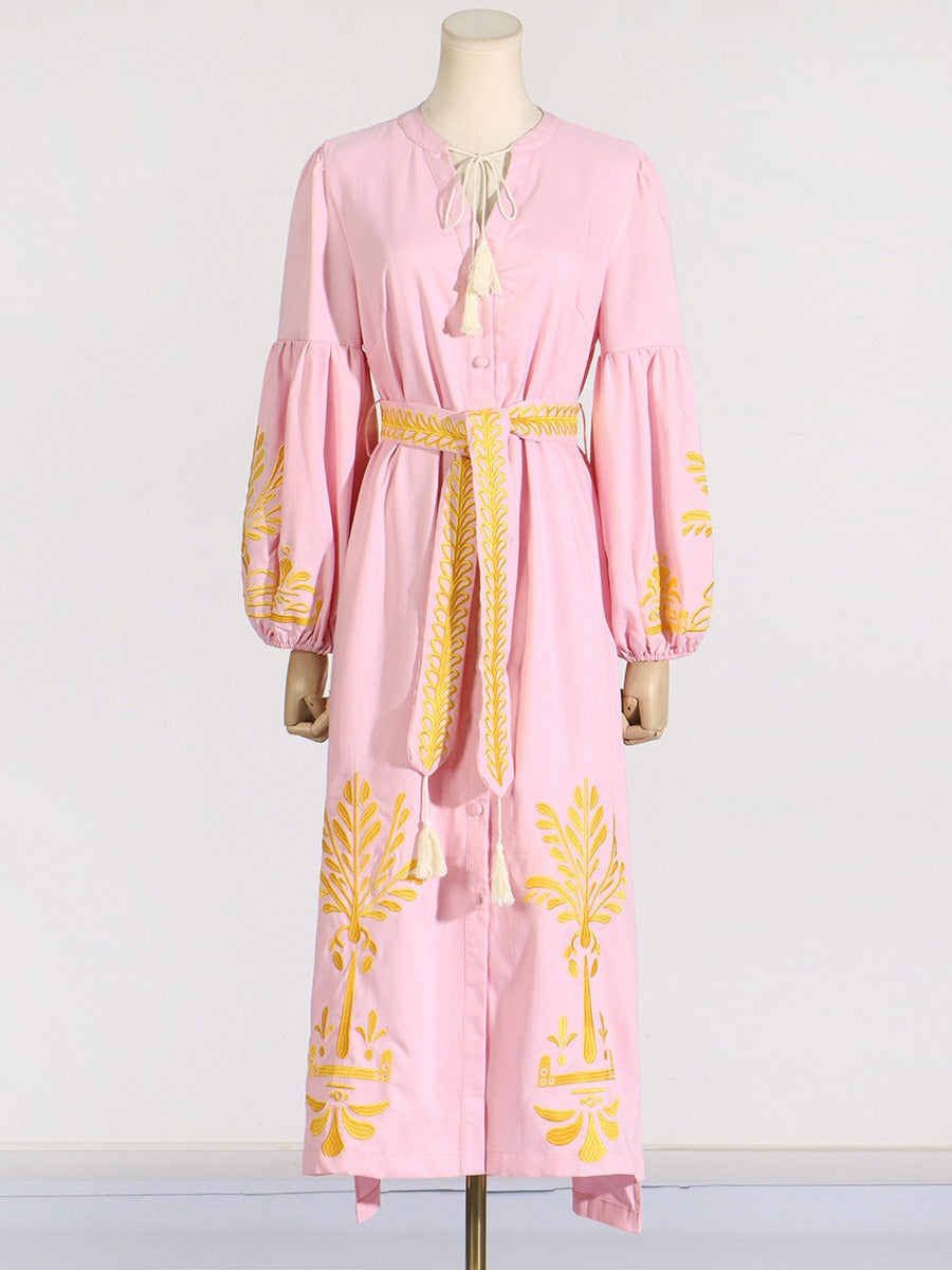 Literary retro style waist slimming lantern sleeve long dress printed lace-up long dress