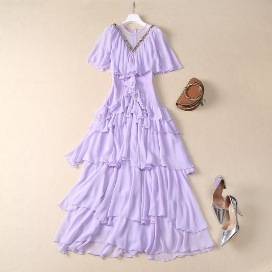 French women's V-neck heavy industry custom-made bead waist ruffle layered formal dress cake long skirt