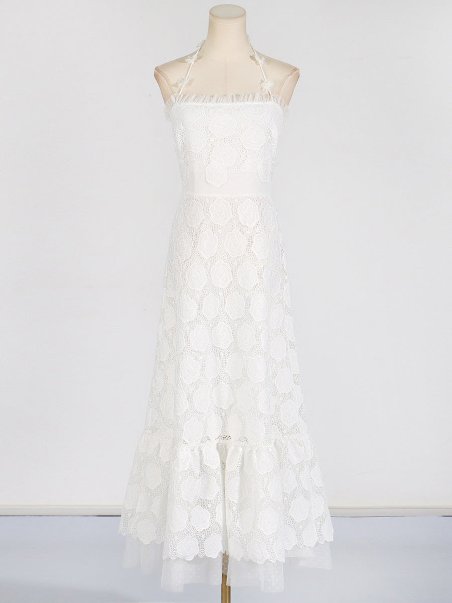 3D Flower Hanging Neck Embroidered High Waist Dress for Women