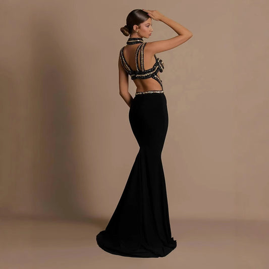 Black gold bandage dress with hollowed out suspender and backless cocktail dress