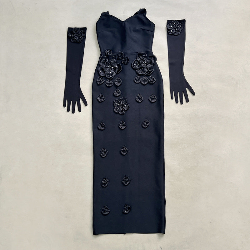 Fashion Sleeveless Backless Halter with Gloves Flower Decorated Fitted Long Bodycon Dress for Women