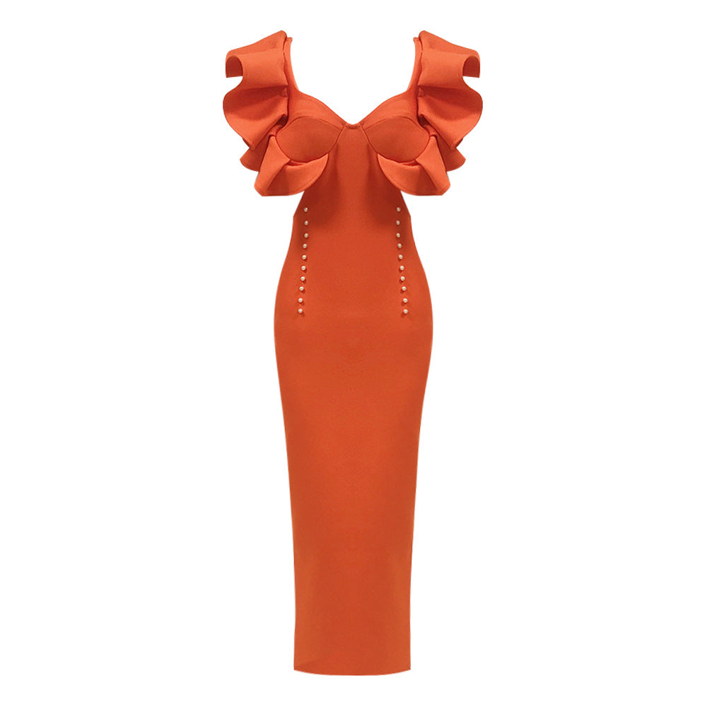 European and American summer new high-end fashion temperament bandage sleeveless orange dress long women's dress