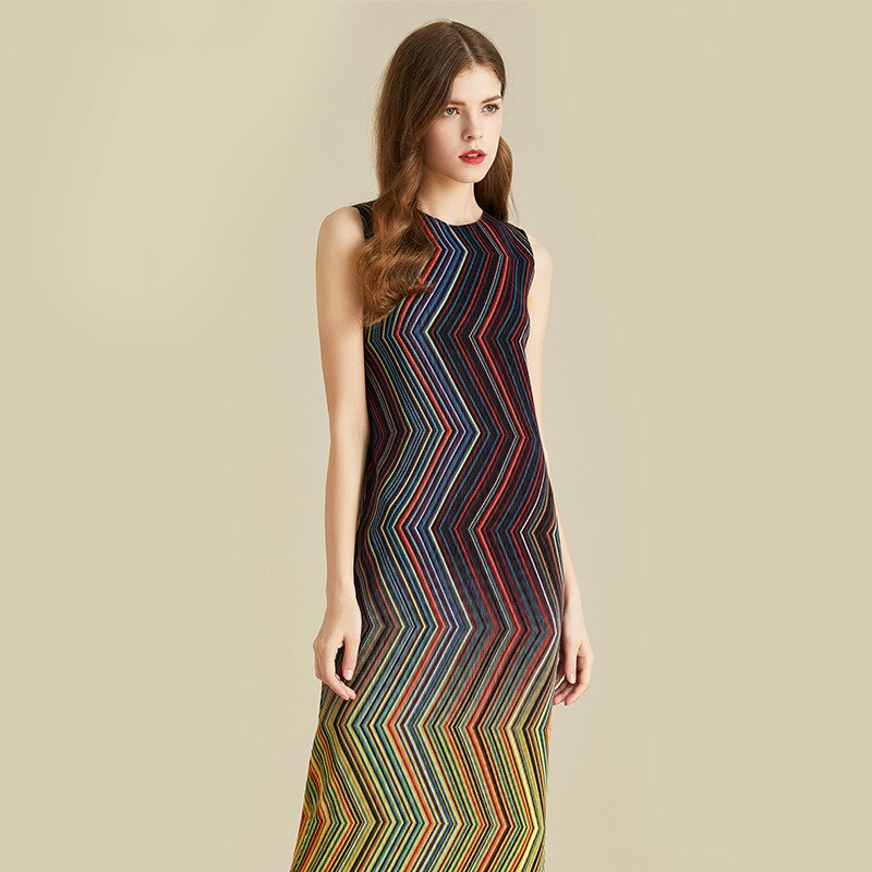 Pleated Dress Women Sleeveless Colorful Striped Halter Long Length Casual Elegant Slim