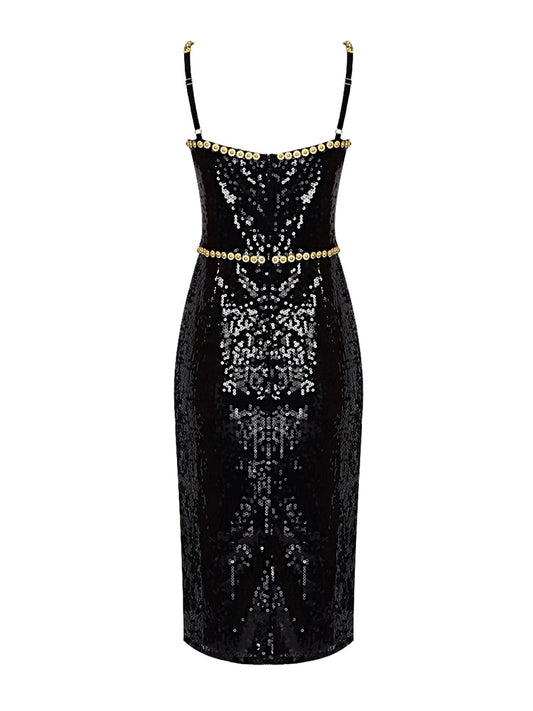 Black Evening Dinner Dress Women Elegant Square Collar Crystal Sequins Spaghetti Strap Dresses