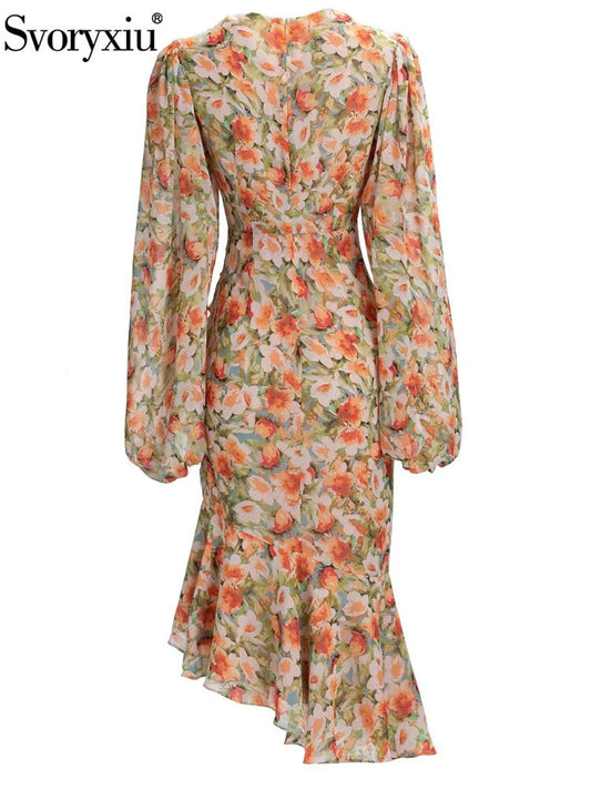 High Quality Designer Runway Gorgeous Elegant Mermaid Dress Women's Lantern Sleeve Print High Waist Slim Midi Dress