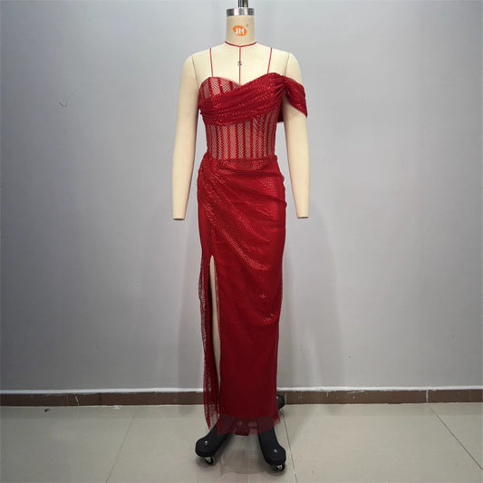 Sexy Strapless One-Shoulder Ruched Slit Long Fitted Bodycon Dress