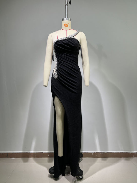 Long dress with sparkling rhinestones, tube top, sexy and elegant slit, host party stage outfit, European and American