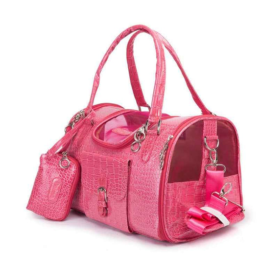 Brand Crocodile PU Leather Dog Carrier Bag with Purse Pink Black Pet Dog Carrier Case Portable Travel Dog Handbag Shoulder Tote