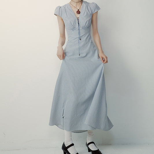 Type of clothing Classic Vichy Check Cotton High-Waisted V-Neck Dress with Proportional Fit