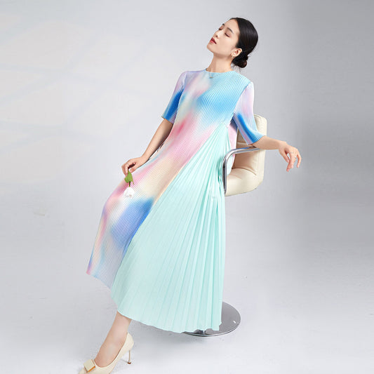 Skirt Summer Women's Gradient Short-sleeved Irregular Long Fashion Elegant Pleated Party Dresses for Women