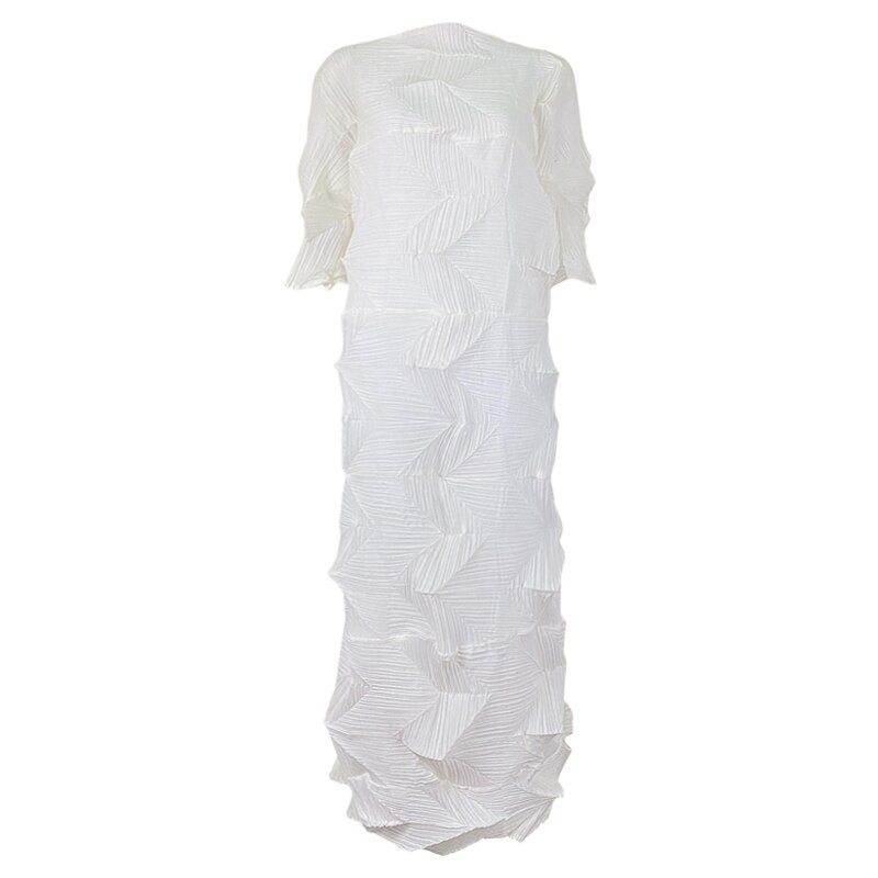 White Chiffon Women Dress 2023 New Elegant High Fashion Turtleneck Dress Undefined Pleated Designer Clothes