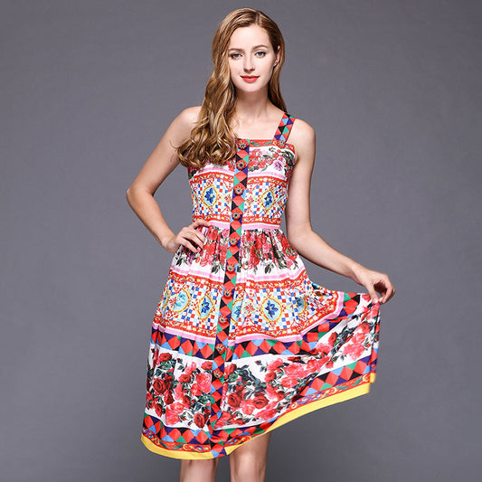 Spring/Summer New Simple Intarsia Polka Dot Aesthetic Ladies Print Sling Square Rose Dress