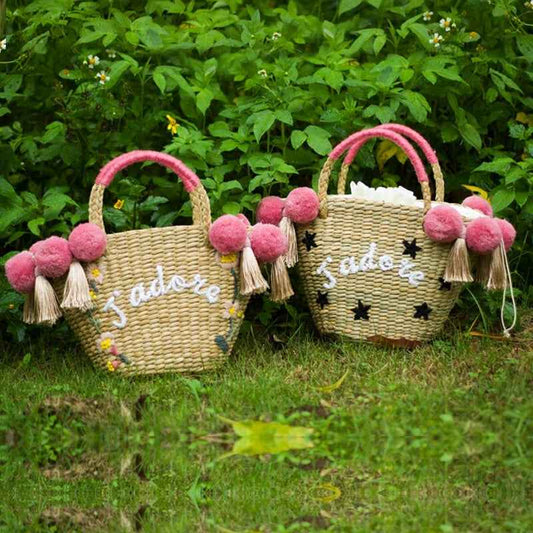 Beach Bag for Women Cute Handmade Straw Bags tassels pom pom Summer Vacation Handbags Drawstring Basket Bag Travel Tote