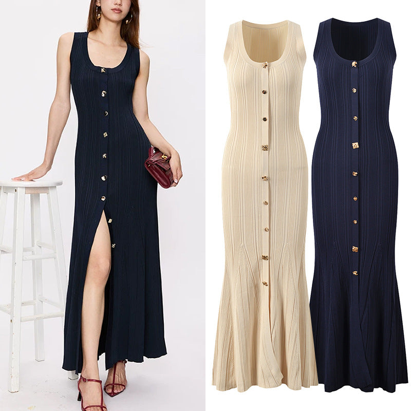 French socialite temperament fashionable and elegant slim fit and slimming round neck single breasted sleeveless knitted dress long skirt