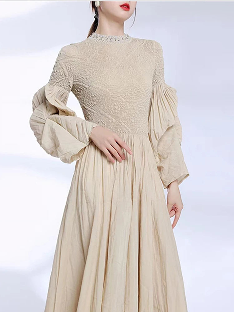 Pleated Round Collar Beading Dress Women Elegant Evening Party Fashion A Line Irregular Full Sleeve Medium Long