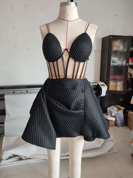 Summer Fashion Sexy Suspenders Mesh See-Through Pleated Backless Tutu Skirt Stunning Commuter High Waist Dress