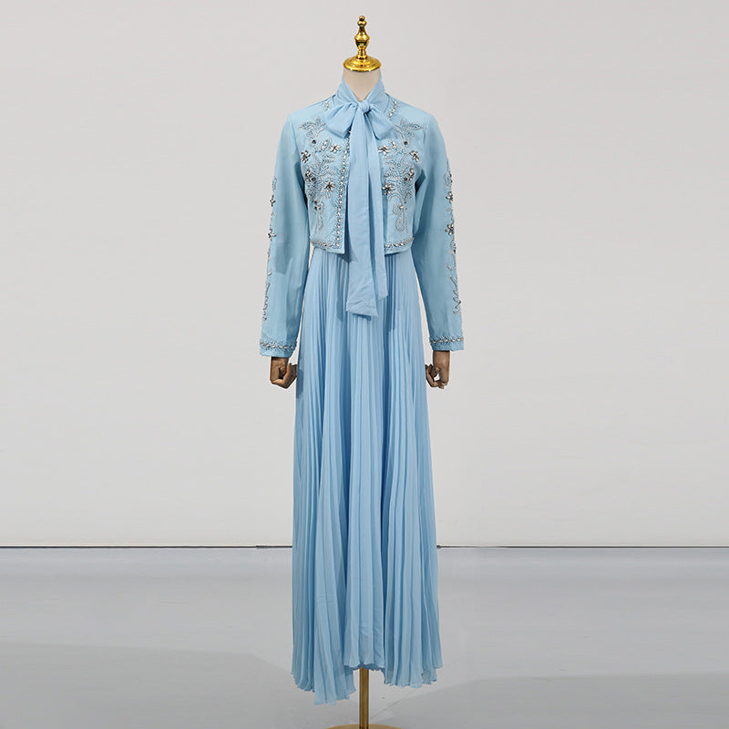 Style Heavy Embroidery Splicing Short Jacket + Pleated High Waist Skirt Set for Women