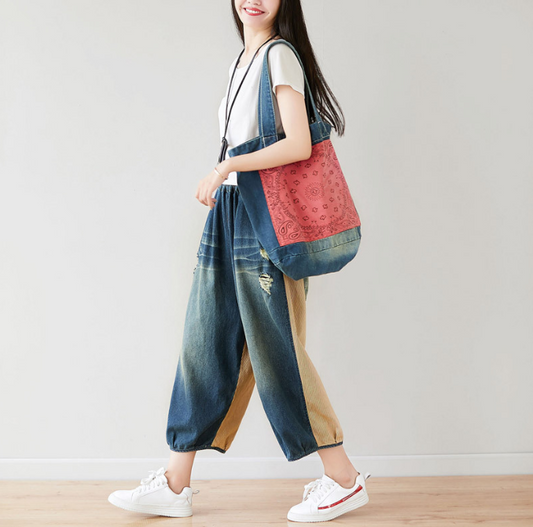 Washed vintage denim bag, personalized and versatile large handbag