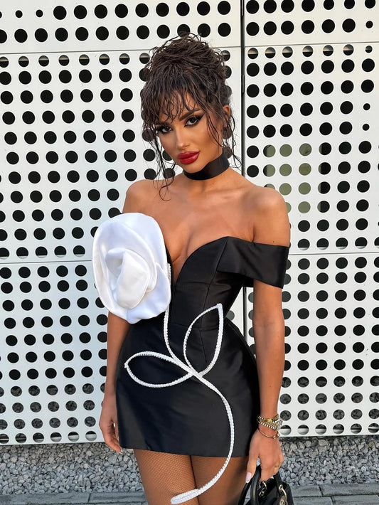 Sexy Off Shoulder 3D Flower Bandage Mini Dress Women Black Bodycon Short Dresses Fashion Cocktail Party Club Lady Vestido
