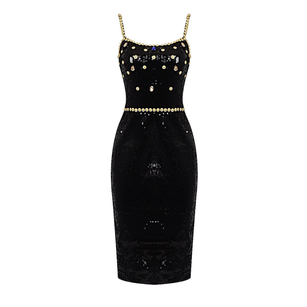 Black Evening Dinner Dress Women Elegant Square Collar Crystal Sequins Spaghetti Strap Dresses
