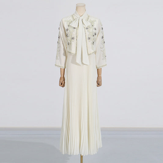 Style Heavy Embroidery Splicing Short Jacket + Pleated High Waist Skirt Set for Women