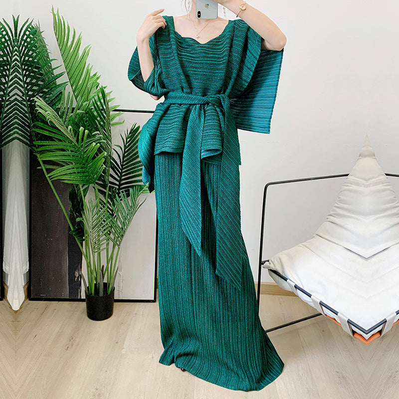 Pleated Suit Women's Summer New Niche Design Sense Irregular Shawl + Skirt Lengthened Two-Piece Set