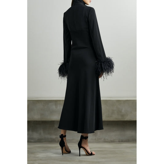 16AR Customized Women Black Ostrich Feather Trimmed Sleeve Cut-out Black Midi Party Dress High Quality Evening Wedding Dress