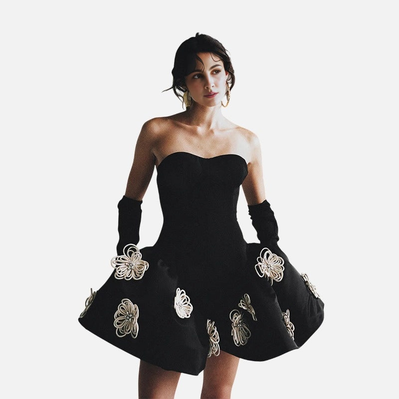 Black Color Women Sexy Strapless Florals Ball Grown Mini Bandage Dress Fashion Birthday Party Celebrate Cocktail Dress Wholesale