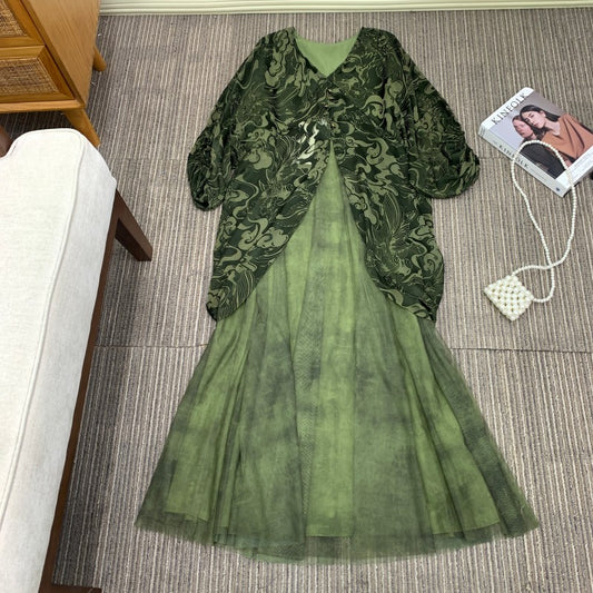 Double Warp Weaving Dyeing and Burnt Flower Printed Dress Casual Versatile Dress