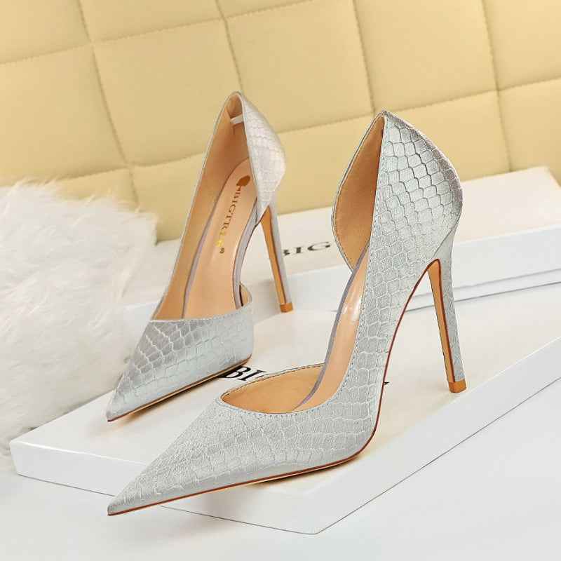 Thin heeled super high heels with shallow side hollow snake pattern silk high heels for women
