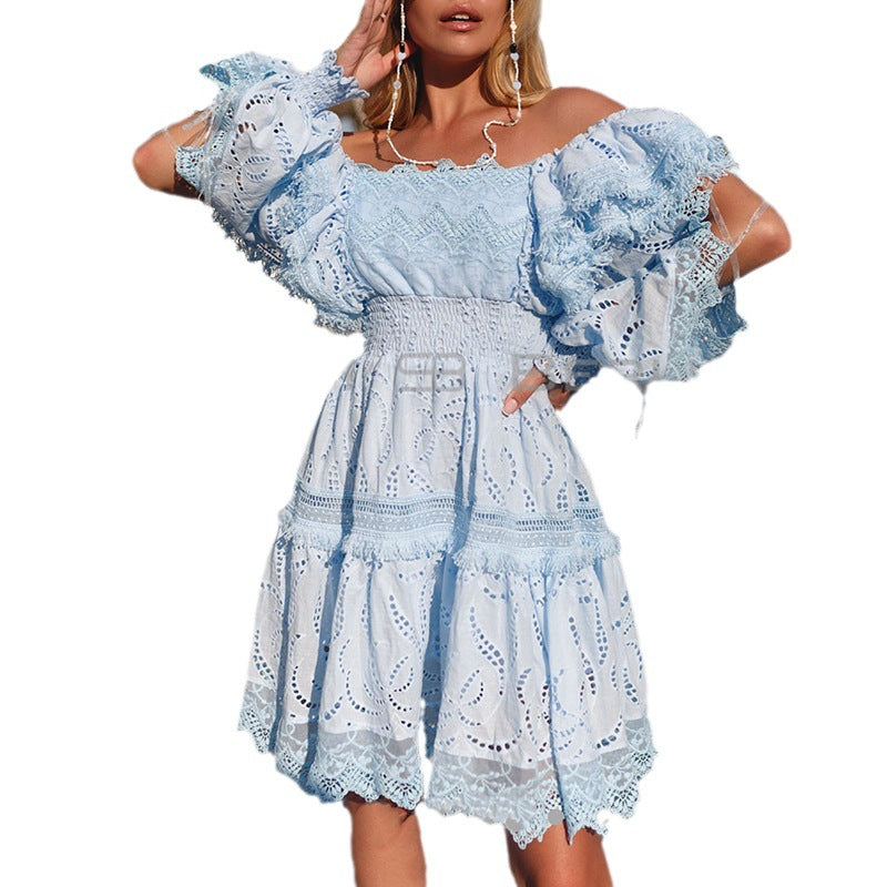 Sweet Retro French Style Square Neck Bubble Sleeve Unique Ribbon Drawstring Design Elastic Waist Dress