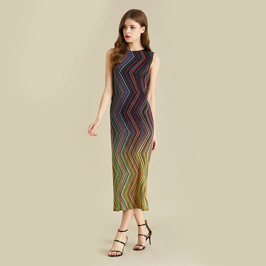 Pleated Dress Women Sleeveless Colorful Striped Halter Long Length Casual Elegant Slim