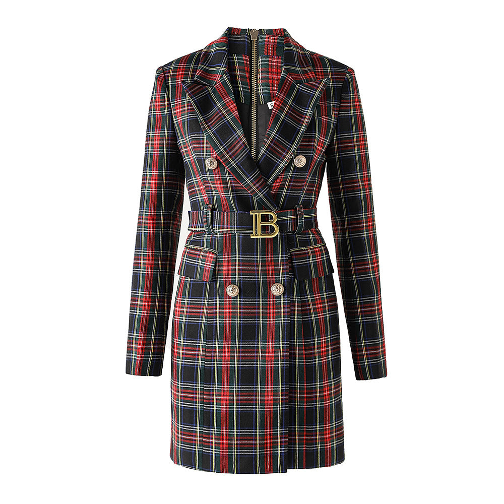Red and black checkered temperament waist cinching suit skirt B-belt skirt commuting suit dress