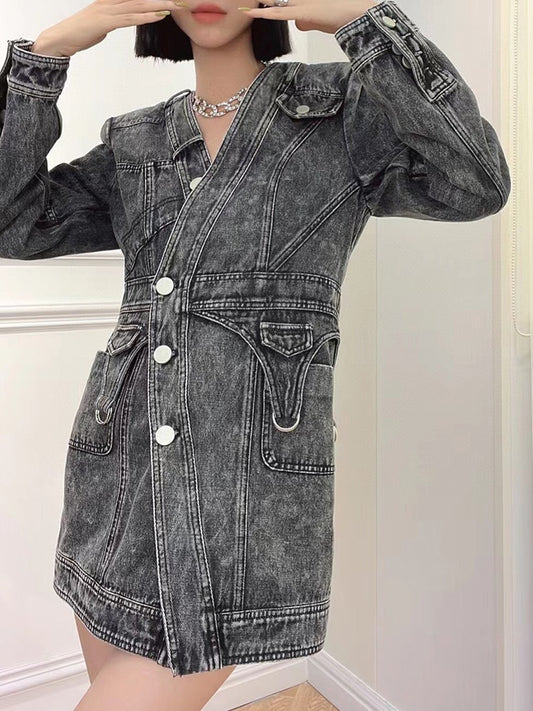 Denim Slim Dress For Women V Neck Long Sleeve High Waist Solid Mini Dresses Female Autumn Clothing Style New