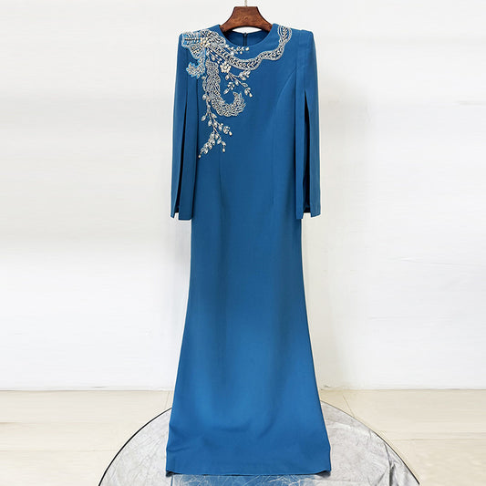 Split sleeve nail bead studded diamond long dress