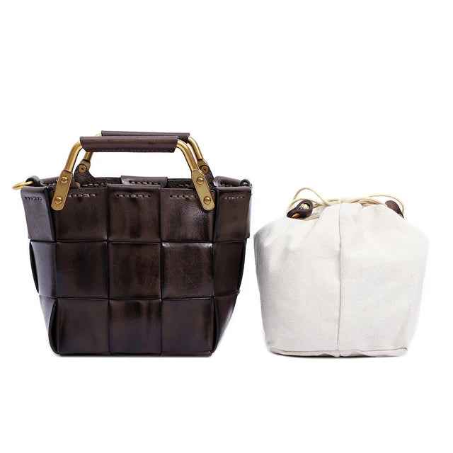 New Trendy Women Mini Calf Skin Leather Woven Clutches Basket Bag Female Plaid Square Handbag Luxury Copy Crossbody