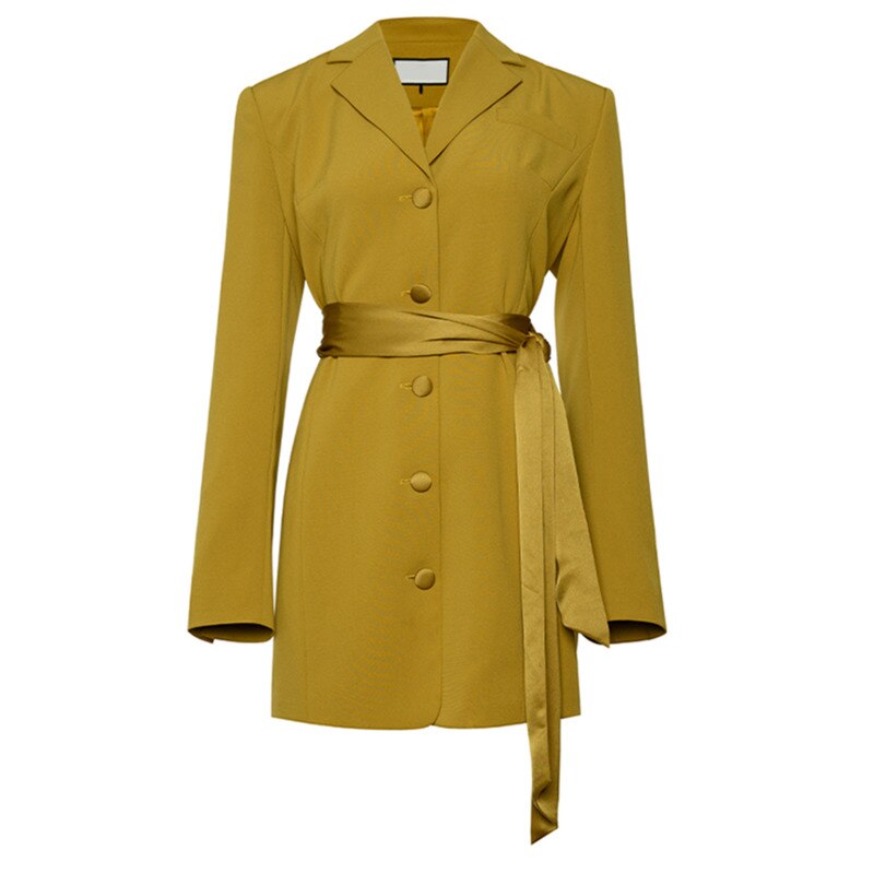Eprolo women's yellow blazer dress with lapel, long sleeves, belt, loose fit, suitable for spring and autumn seasons