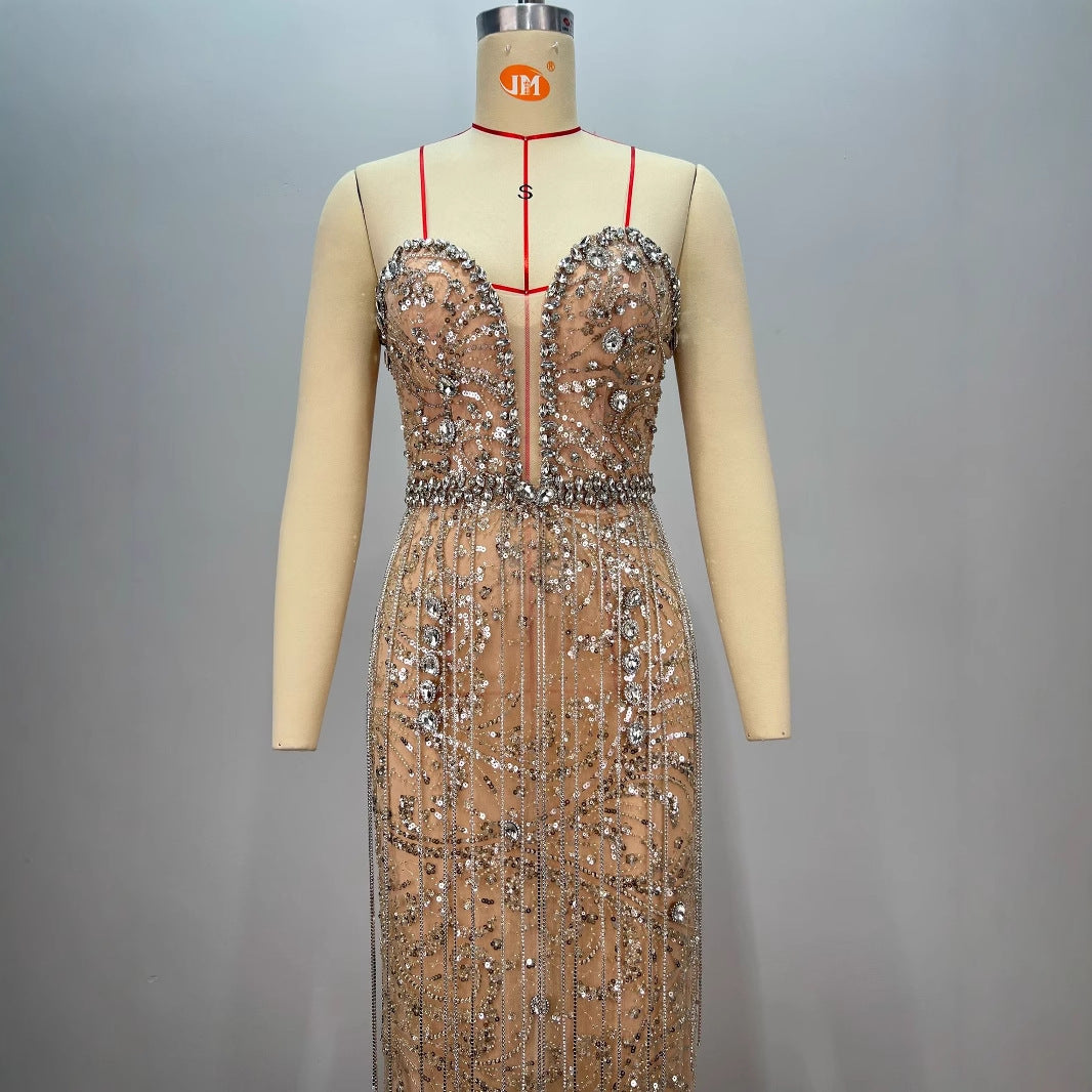 Sexy Shiny Rhinestone Sequin Strapless Dress Female Singers Gogo Performance Party Evening Gown