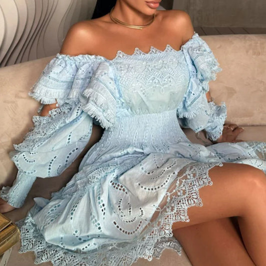 Sweet Retro French Style Square Neck Bubble Sleeve Unique Ribbon Drawstring Design Elastic Waist Dress